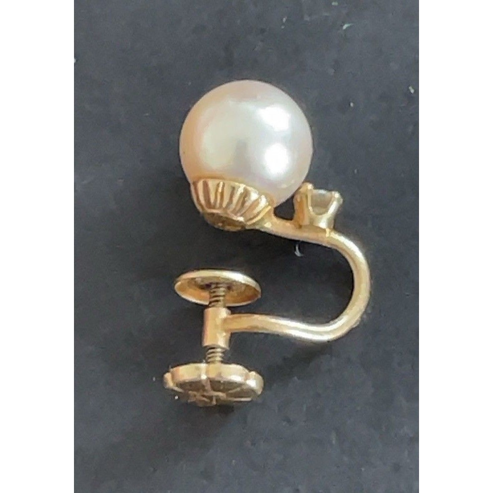 Vtg 14k Solid Single Yellow Gold Cultured Pearl Screw Back With Diamond Earring